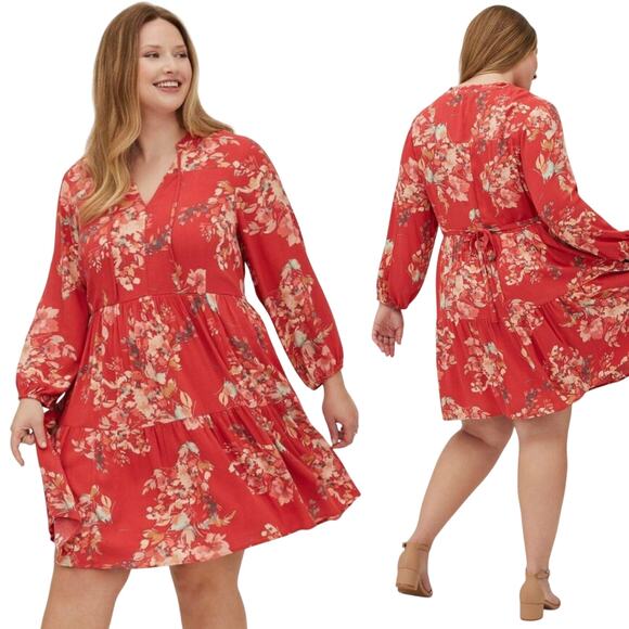 Torrid Floral Print Tiered Mini Dress Keyhole Tie Neckline Coral Womens 2X - Picture 1 of 9